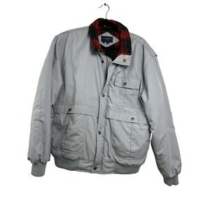 Vintage Van Heusen Mens Bomber Jacket L Gray Red Plaid Flannel Lined 90s